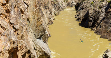 Kate Bowman walled in above Skull in Westwater Canyon on the Colorado River.