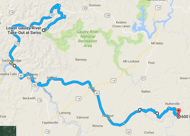 A map of the recommended shuttle route. Google has different ideas if you just plug in start and finish; road quality around the put-in varies.
