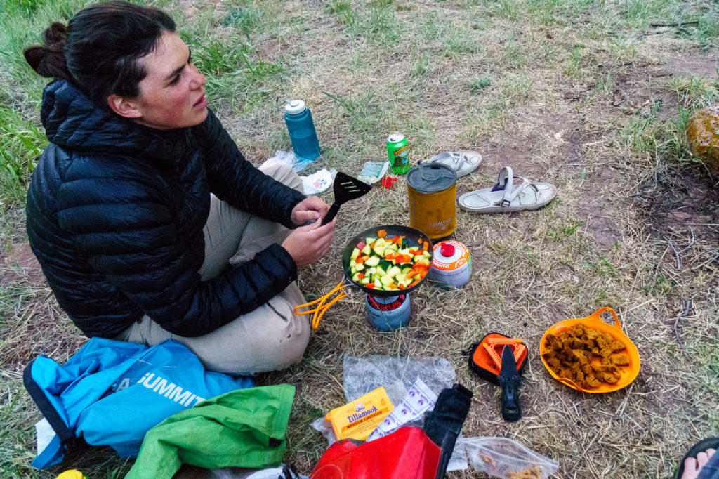 Daphnee Tuzlak strikes a balance on the Dolores -- no cast-iron skillet, but plenty of fresh food, a multi-part cooking setup, and a beer with dinner.