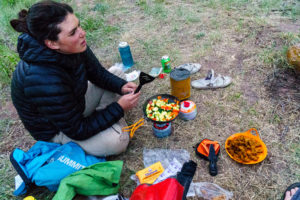 Daphnee Tuzlak strikes a balance on the Dolores -- no cast-iron skillet, but plenty of fresh food, a multi-part cooking setup, and a beer with dinner.