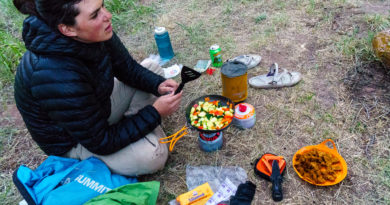Daphnee Tuzlak strikes a balance on the Dolores -- no cast-iron skillet, but plenty of fresh food, a multi-part cooking setup, and a beer with dinner.