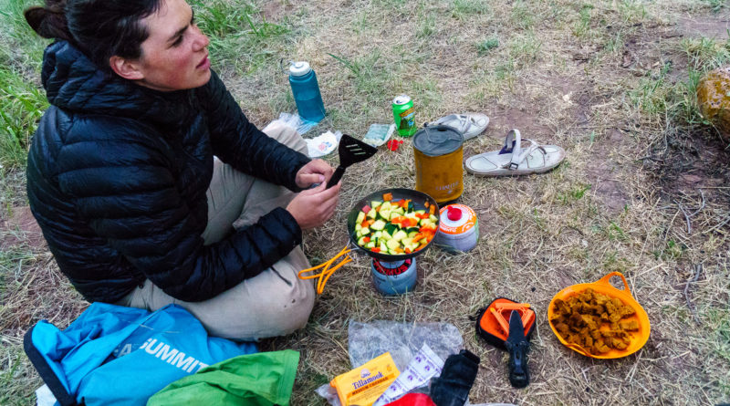 Daphnee Tuzlak strikes a balance on the Dolores -- no cast-iron skillet, but plenty of fresh food, a multi-part cooking setup, and a beer with dinner.