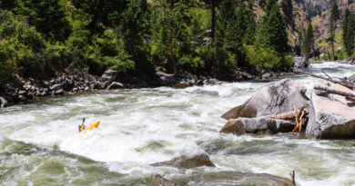 Egor Voskoboynikov powers through part two of the three-part "Fall Creek Rapid" on the South Fork of the Salmon River, Idaho.