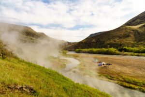 Camping on the gravel bar at Indian Hot Springs. The hot springs were incredibly hot, but a pipe and a bathtub let's you find the right temperature for a soak.