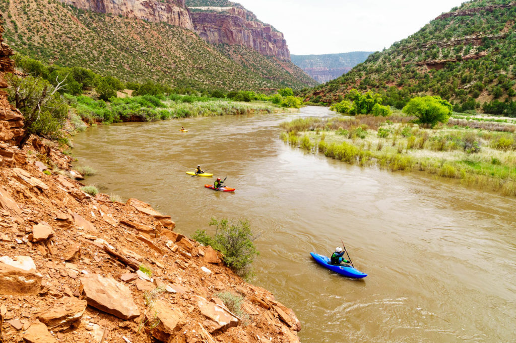 Daphnee Tuzlak heads through the flats as the Lower Dolores River transitions from piñion pine to slickrock desert.