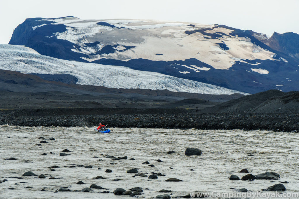 Wally Macfarlane paddling the first rapids of the trip on the edge of the Vatnajökull icecap.