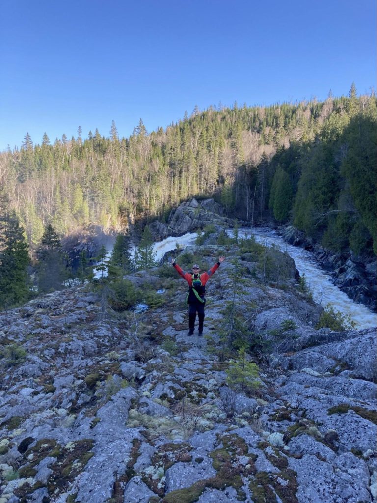 Jeremy Hutchins feeling good at the start of the Denison Falls portage. Photo Jonathan Rugh.