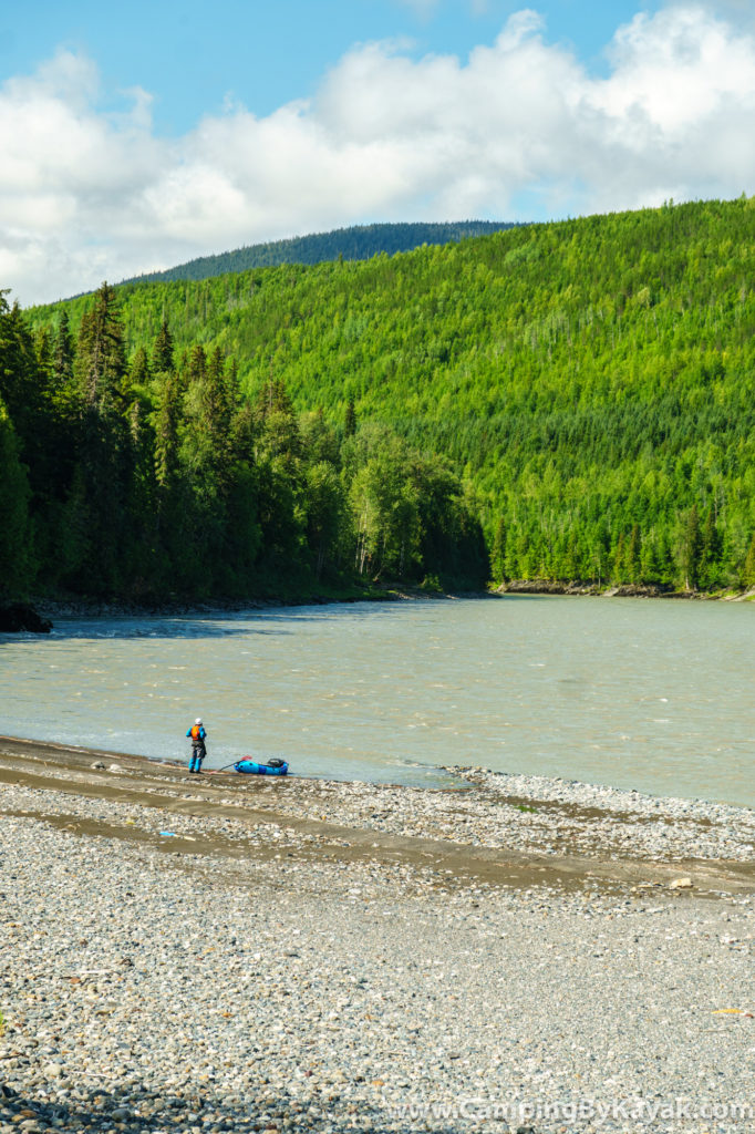 Heading out from the island campsite on the Skeena River just downstream from the Babine confluence.